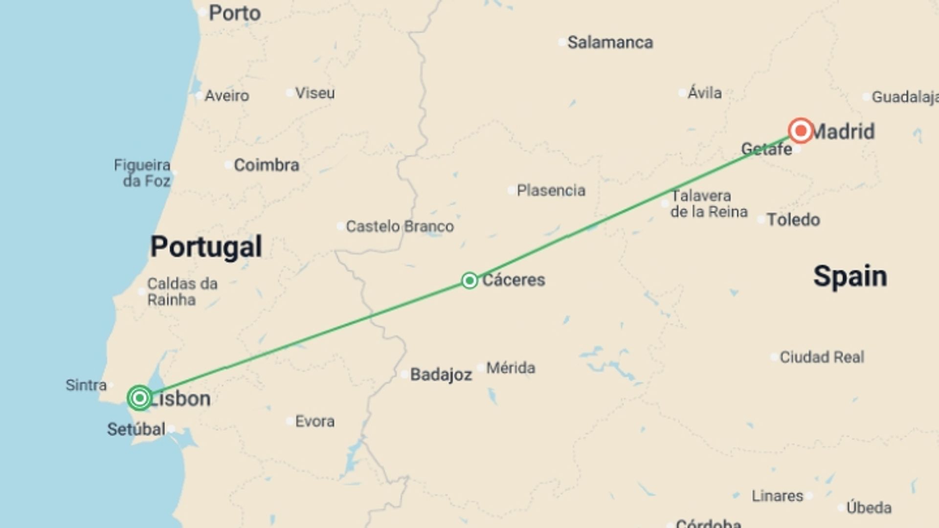 A map showing the tour itinerary for the trip: Iberian Capitals, starting in Lisbon, Portugal and ending in Madrid, Spain going through 0 other destinations.