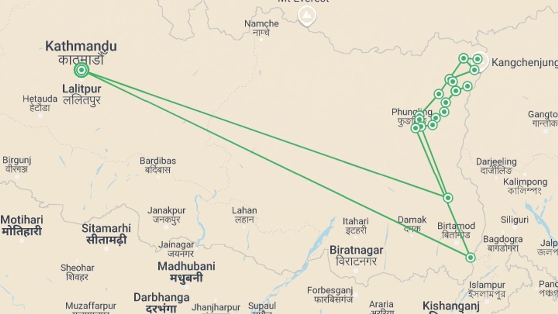 A map showing the tour itinerary for the trip: Kanchenjunga Base Camp Trek, starting in Kathmandu, Nepal and ending in Kathmandu, Nepal going through 19 other destinations.