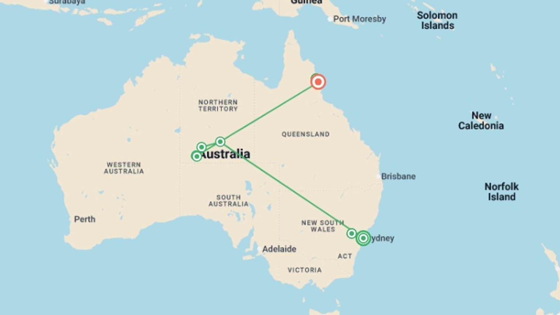 A map showing the tour itinerary for the trip: Best of Australia, starting in Sydney, Australia and ending in Cairns, Australia going through 6 other destinations.