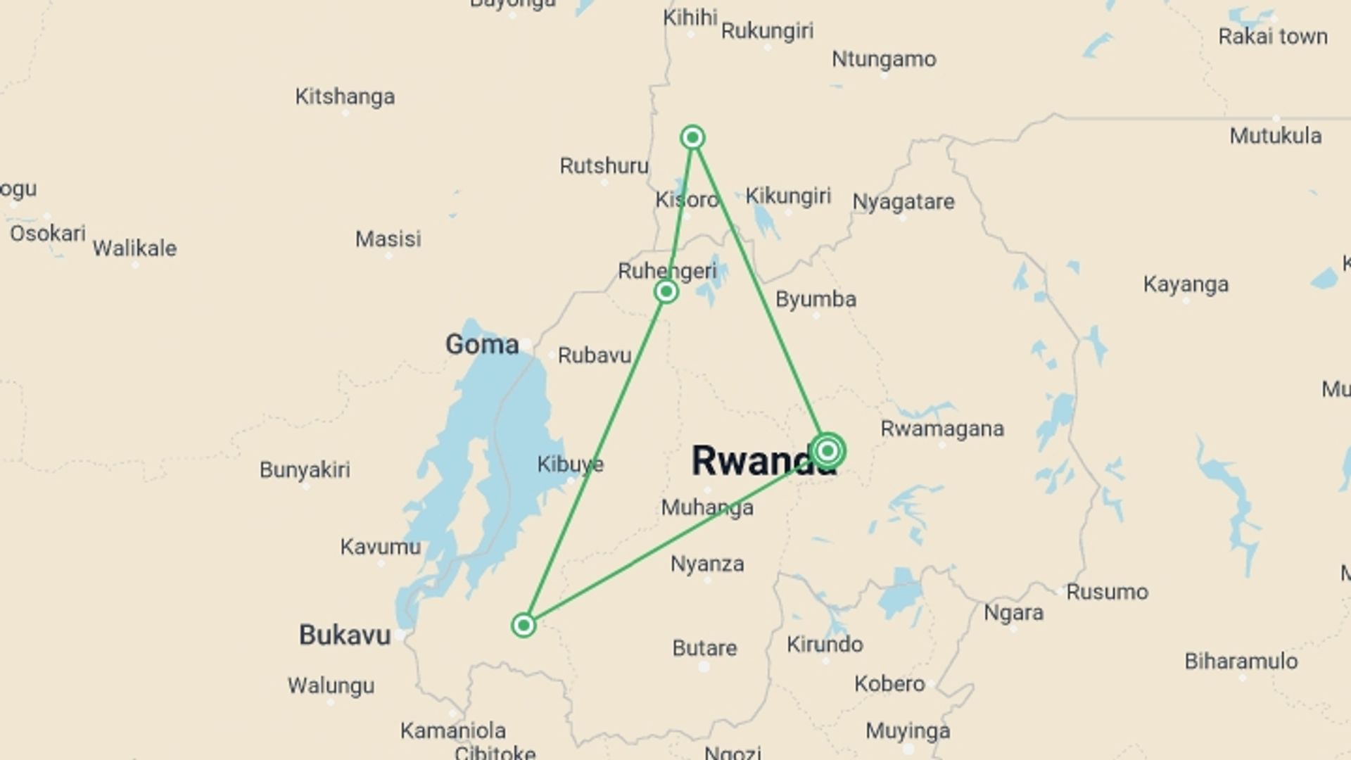 A map showing the tour itinerary for the trip: Rwanda & Uganda Gorilla Trekking: Eight Days , starting in Kigali, Rwanda and ending in Kigali, Rwanda going through 4 other destinations.