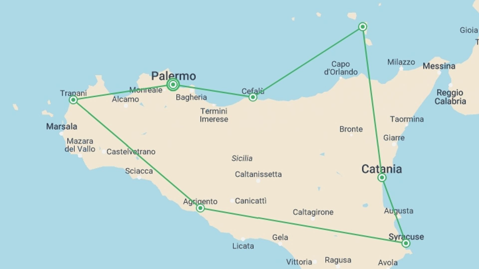 A map showing the tour itinerary for the trip: Highlights of Sicily, starting in Palermo, Italy and ending in Palermo, Italy going through 6 other destinations.