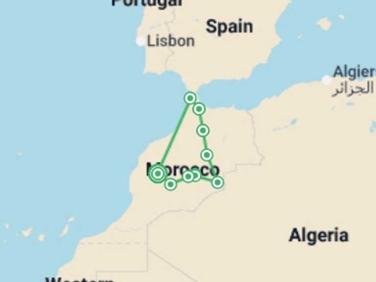 Map itinerary of Chefchaouen Tour in November 2026 with 9 destination visits for the trip: Cycle Morocco