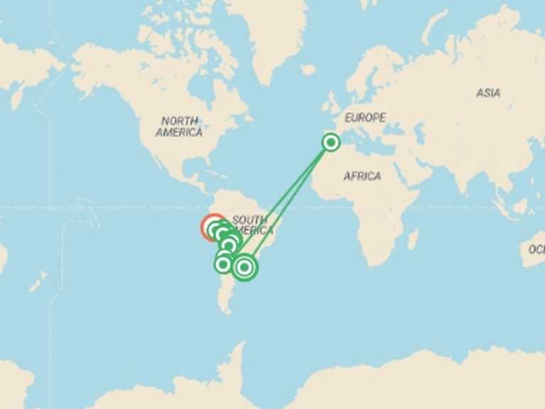 Map of South America Tour with 22 destination visits for the trip: Buenos Aires to Lima (via Uyuni) Travel Pass