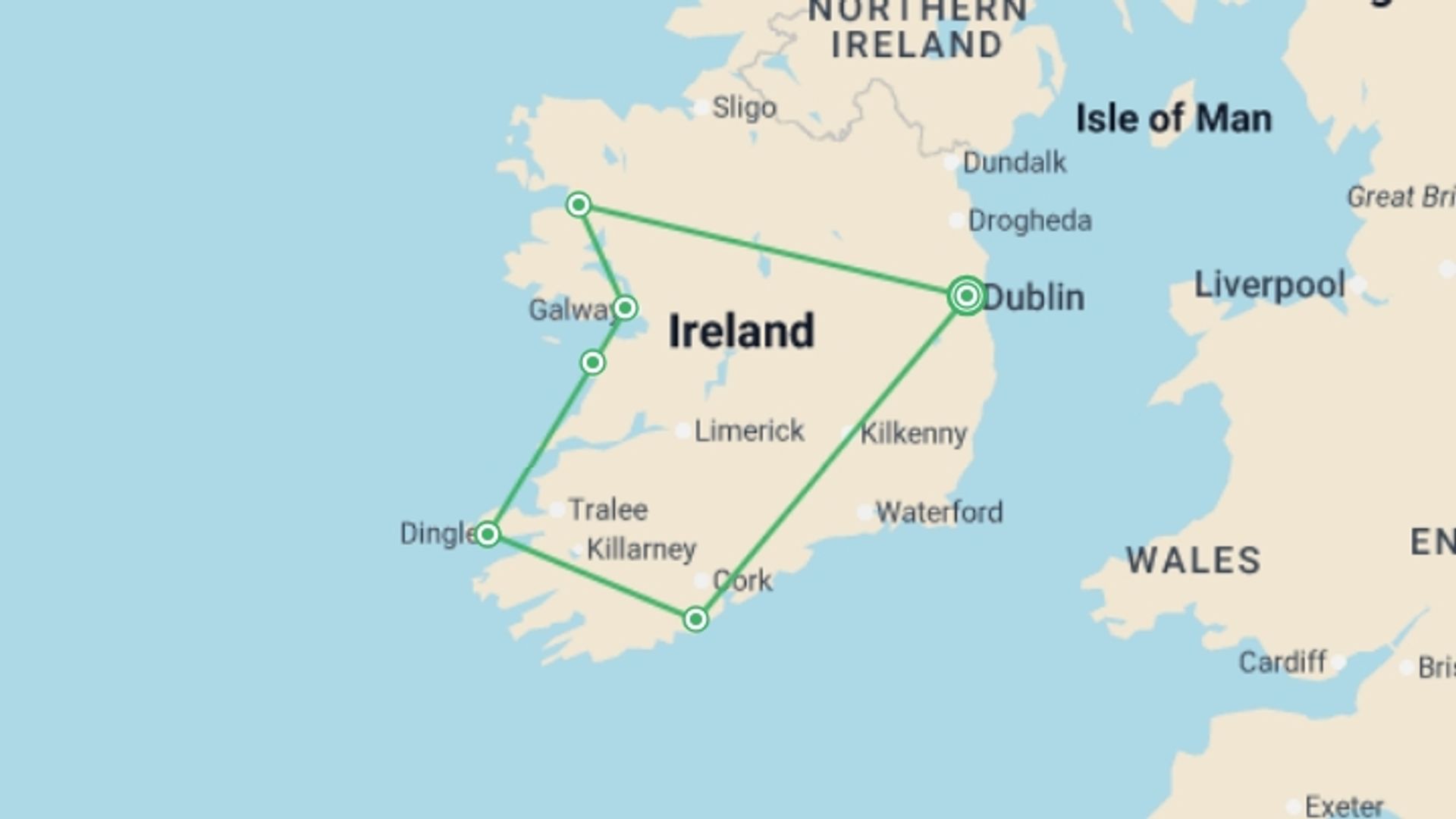 A map showing the tour itinerary for the trip: Great Atlantic Ireland Explorer - 7 days, starting in Dublin, Ireland and ending in Dublin, Ireland going through 5 other destinations.
