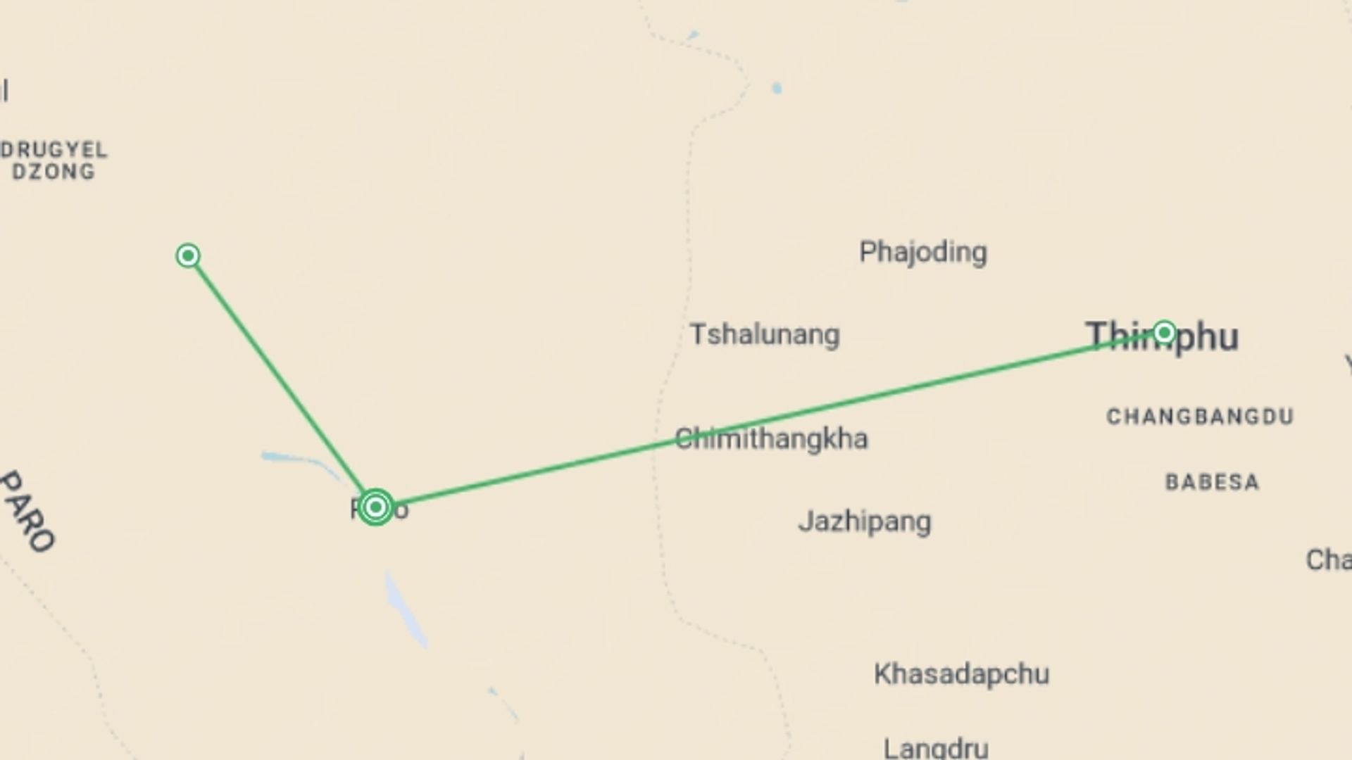 A map showing the tour itinerary for the trip: Bhutan at a Glance, starting in Paro, Bhutan and ending in Paro, Bhutan going through 1 other destinations.