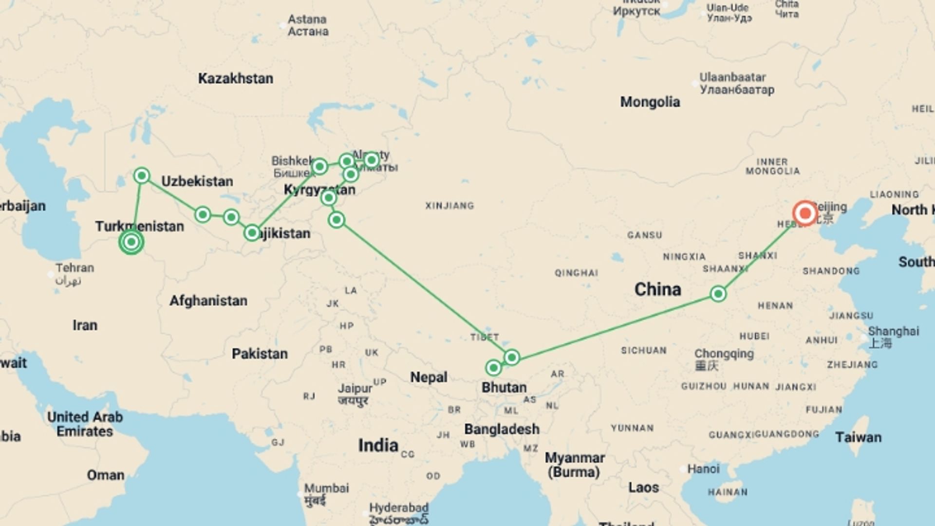 A map showing the tour itinerary for the trip: Ashgabat To Beijing (67 Days), starting in Ashgabat, Turkmenistan and ending in Beijing, China going through 12 other destinations.