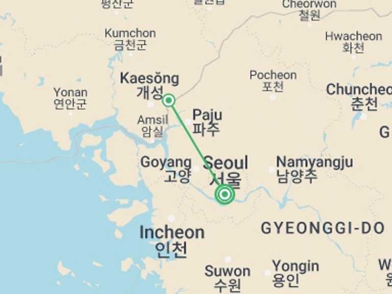 Map itinerary of South Korea Tour in Spring with 2 destination visits for the trip: South Korea Premium Historic Islands & Dmz Tour