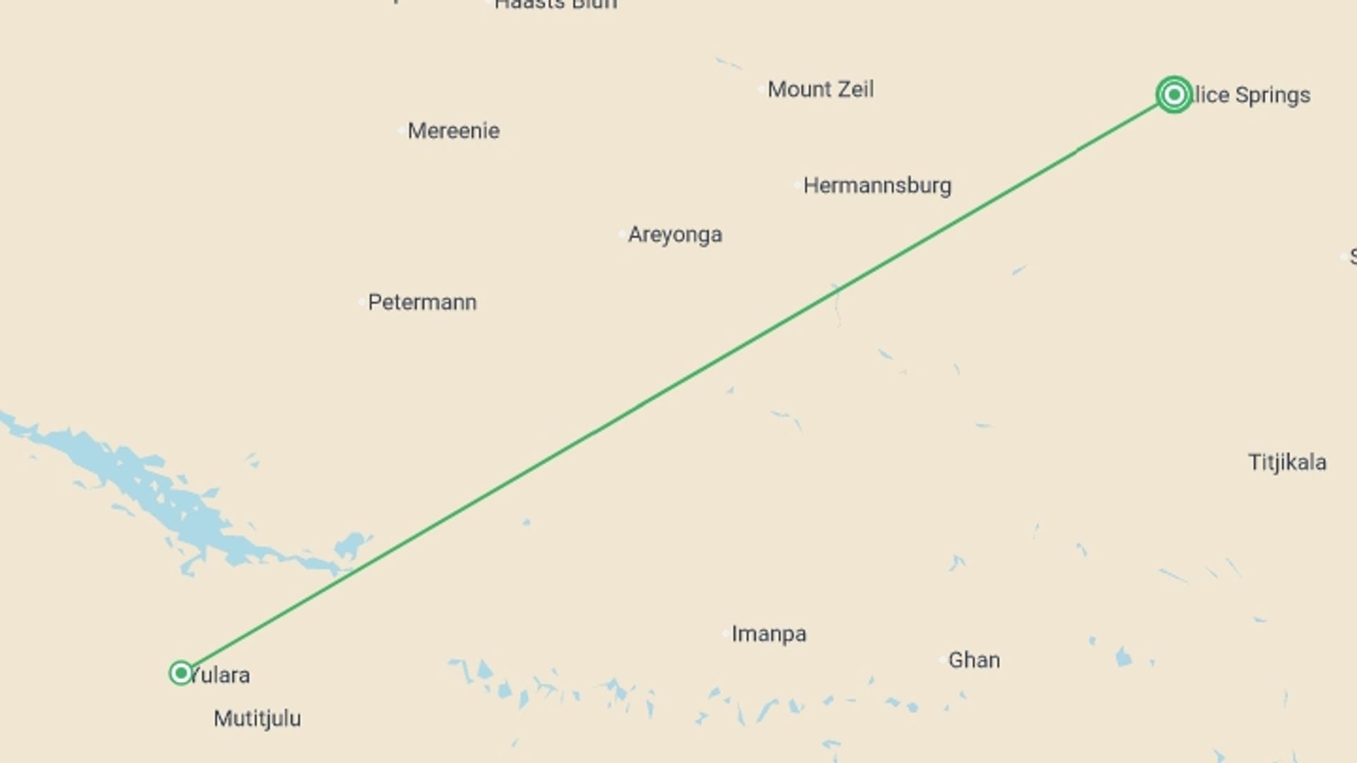 A map showing the tour itinerary for the trip: Best of Uluru & Kings Canyon, starting in Alice Springs, Australia and ending in Alice Springs, Australia going through 1 other destinations.
