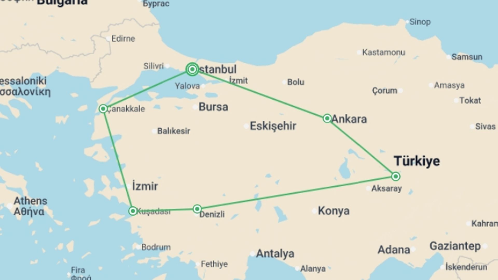 A map showing the tour itinerary for the trip: Classical Turkey 5 star - 10 days, starting in Istanbul, Turkey and ending in Istanbul, Turkey going through 4 other destinations.