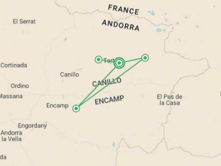 Map of a Active and outdoor Tour with 4 destination visits for the trip: Andorra: Hike, Bike & Raft