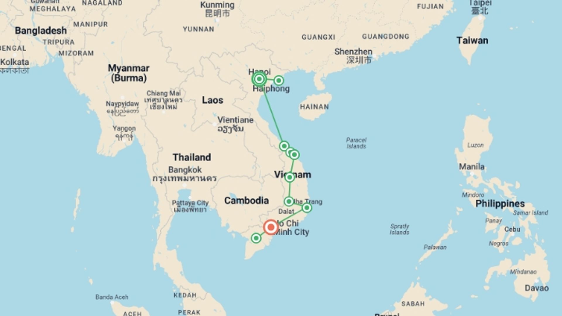 A map showing the tour itinerary for the trip: Vietnam Explorer, starting in Hanoi, Vietnam and ending in Ho Chi Minh City, Vietnam going through 7 other destinations.