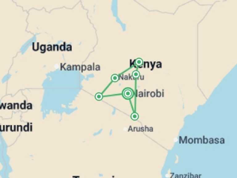 Map of Kenya Tour with 6 destination visits for the trip: Lakes & Mountain Safari 10D/9N (Masai Mara, Lake Nakuru & Baringo, Samburu, Amboseli)