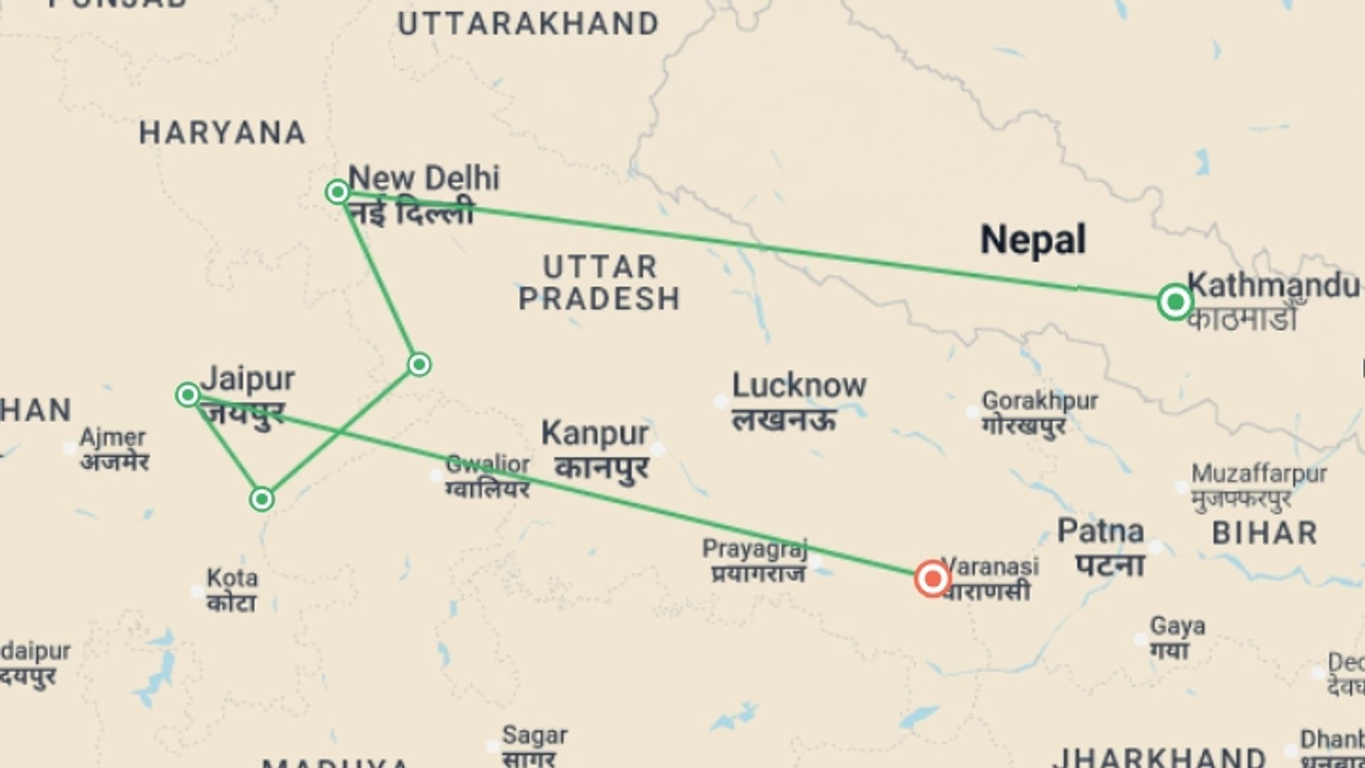 A map showing the tour itinerary for the trip: Best of India, starting in Kathmandu, Nepal and ending in Varanasi, India going through 4 other destinations.