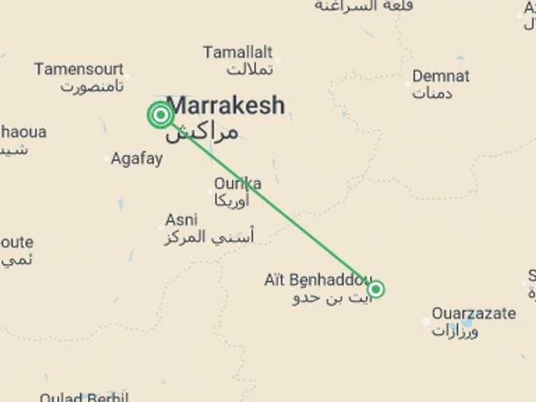 Map itinerary of Marrakech Tour in December 2026 with 2 destination visits for the trip: Marrakech & Ait Benhaddou - 4 days