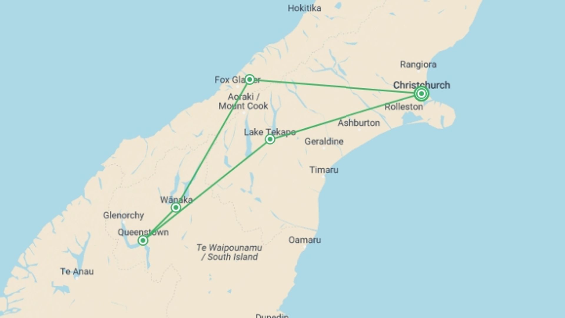 A map showing the tour itinerary for the trip: South Island Express, starting in Christchurch, New Zealand and ending in Christchurch, New Zealand going through 4 other destinations.