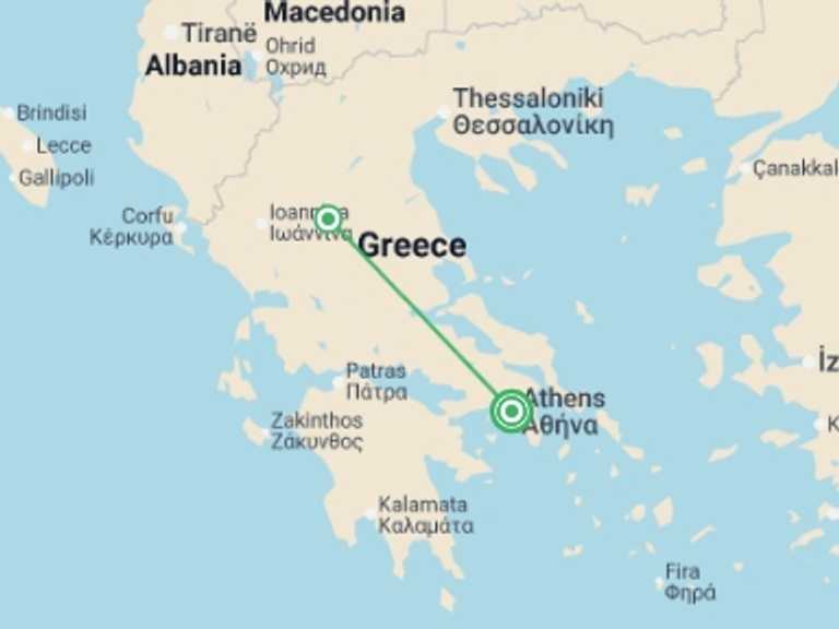 Map of Europe Sightseeing Tour with 2 destination visits for the trip: Athens and Northern Greece with Meteoras