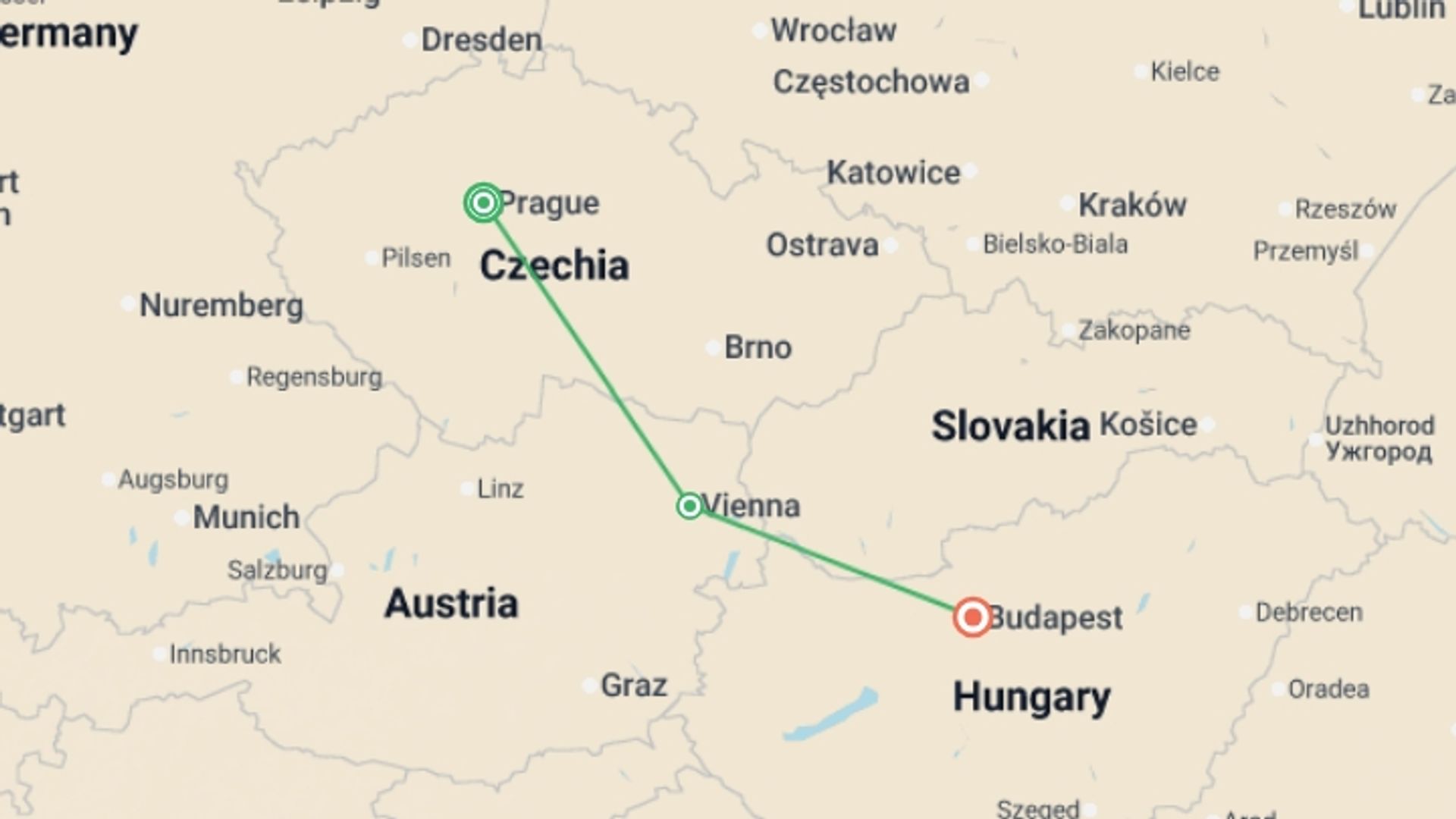 A map showing the tour itinerary for the trip: European Christmas Markets featuring Prague, Vienna & Budapest, starting in Prague, Czech Republic and ending in Budapest, Hungary going through 1 other destinations.