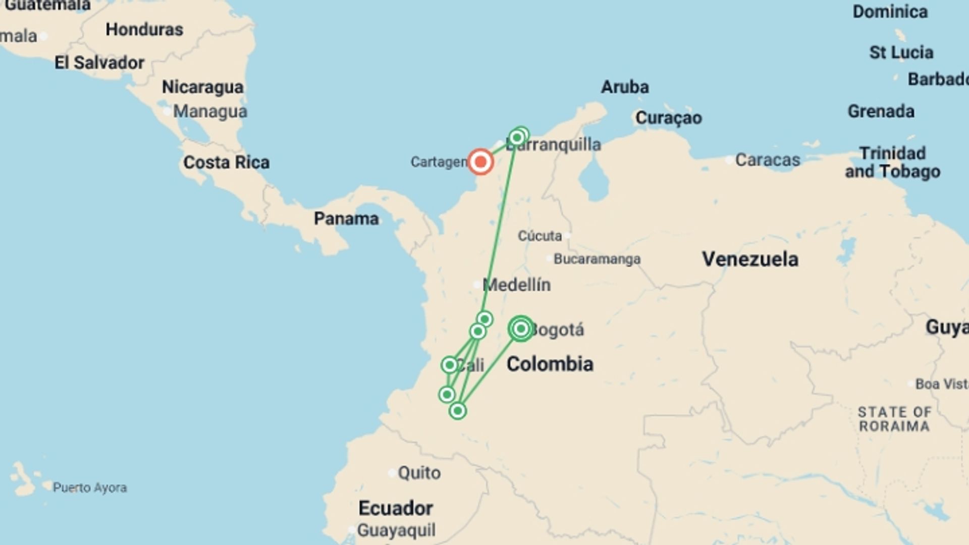 A map showing the tour itinerary for the trip: Colombia: Culture, Coffee & Caribbean, starting in Bogota, Colombia and ending in Cartagena, Colombia going through 6 other destinations.