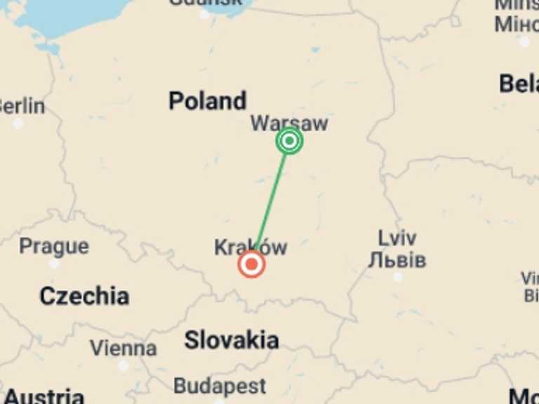 Map itinerary of Krakow Tour in Fall with 2 destination visits for the trip: Best of Poland