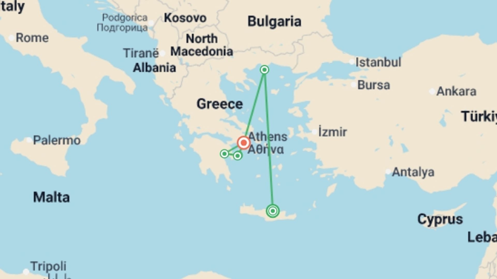 A map showing the tour itinerary for the trip: A Taste of Greece - Crete to the Peloponnese, starting in Heraklion, Greece and ending in Athens, Greece going through 4 other destinations.