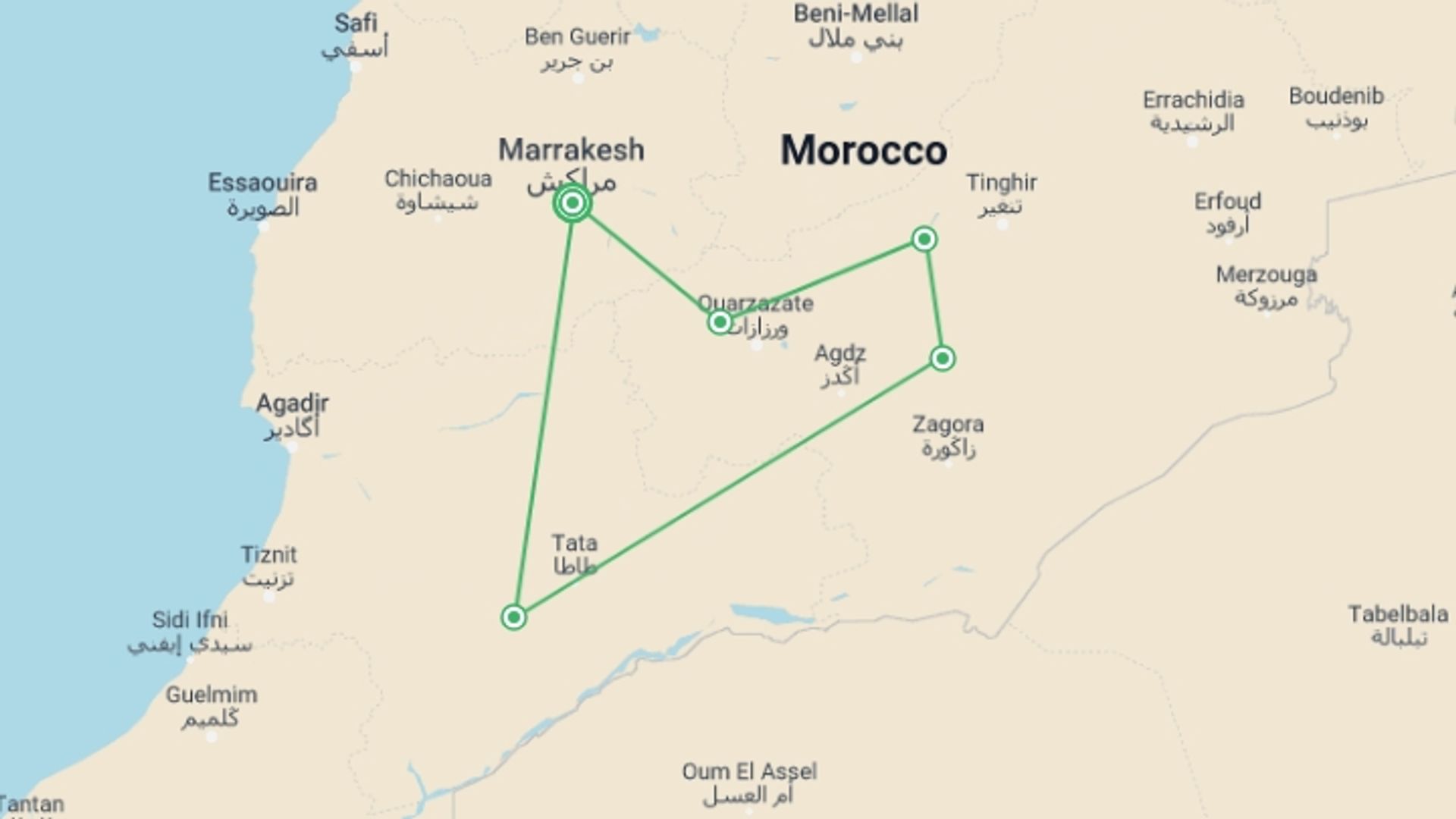 A map showing the tour itinerary for the trip: Authentic Morocco by Bicycle, starting in Marrakech, Morocco and ending in Marrakech, Morocco going through 4 other destinations.