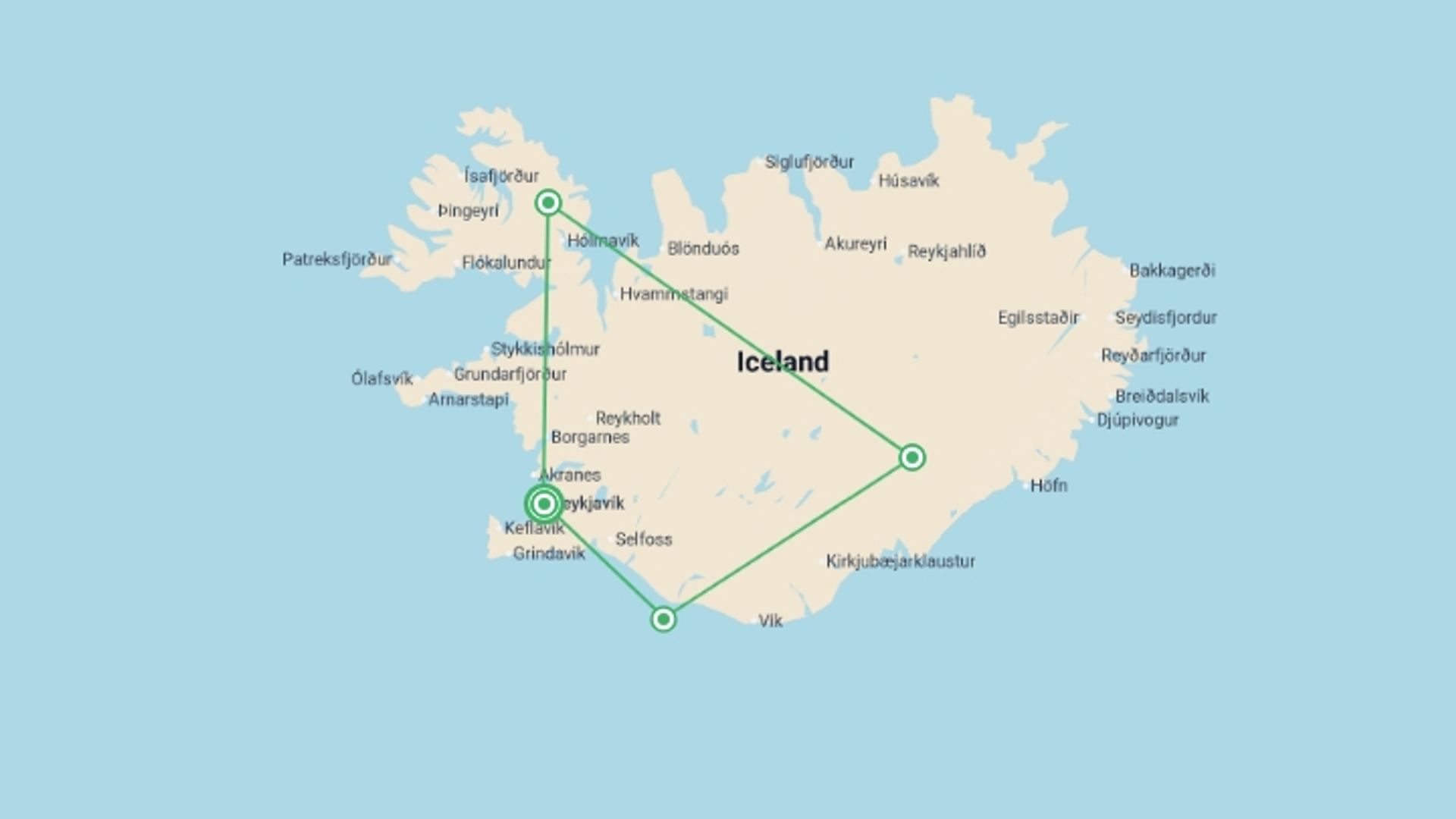 A map showing the tour itinerary for the trip: Iceland Circumnavigation: Mountains, Volcanoes and Waterfalls, starting in Reykjavik, Iceland and ending in Reykjavik, Iceland going through 3 other destinations.