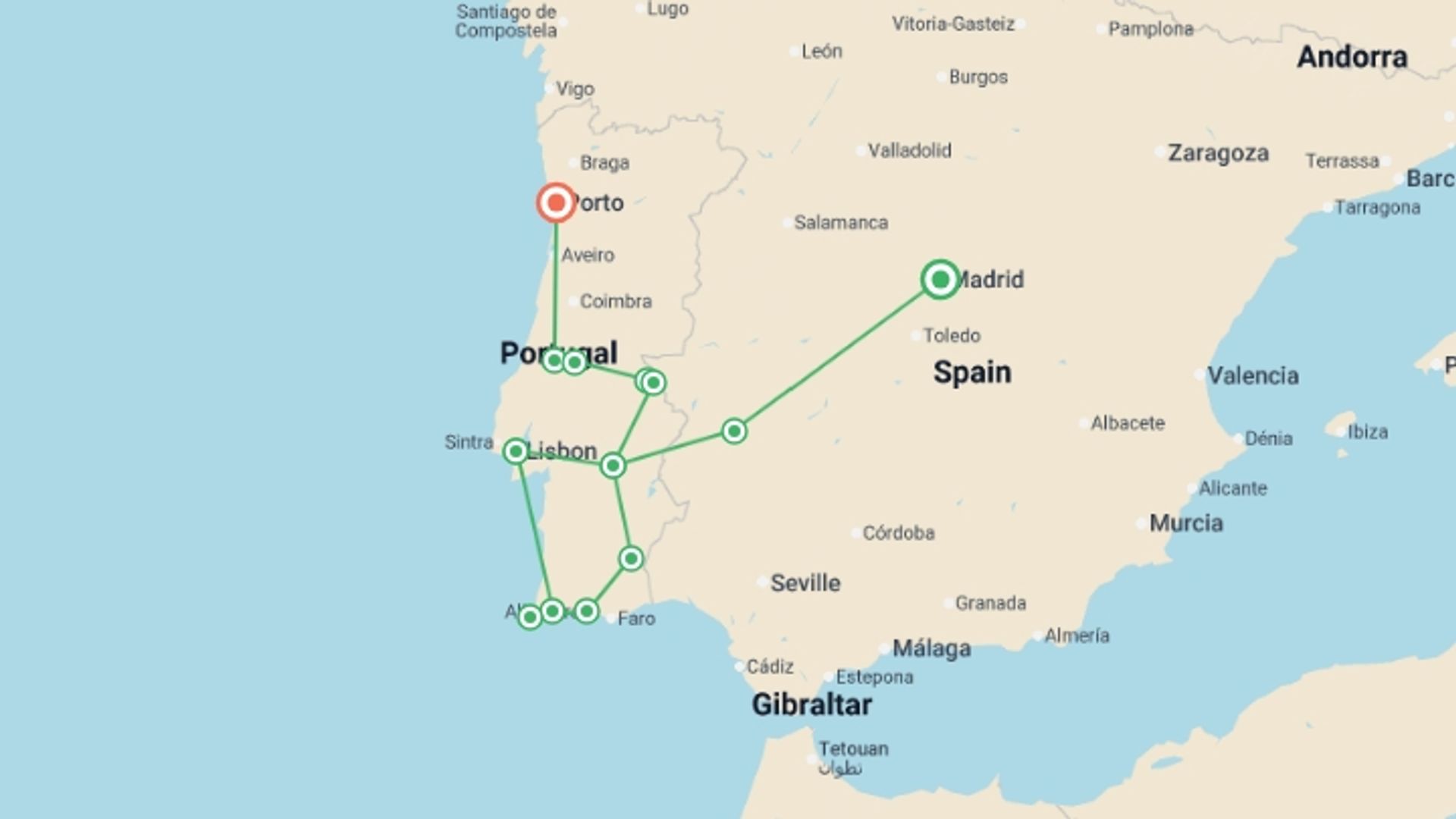 A map showing the tour itinerary for the trip: Portugal Algarve, Lands of the Tagus  (end Porto), starting in Madrid, Spain and ending in Porto, Portugal going through 4 other destinations.