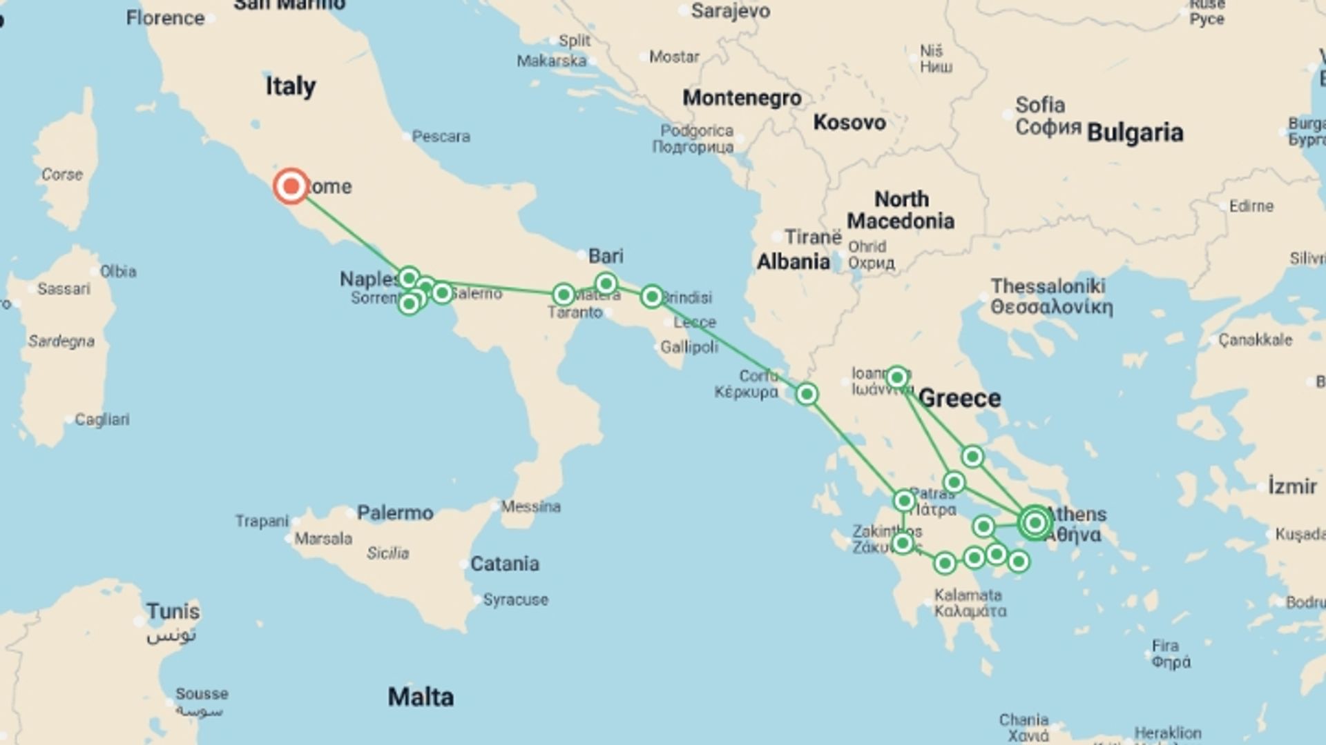 A map showing the tour itinerary for the trip: Complete Greece with Puglia and Campania, starting in Athens, Greece and ending in Rome, Italy going through 6 other destinations.