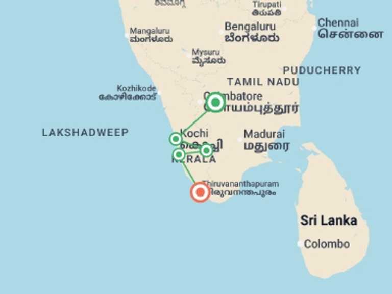 Map itinerary of Kerala & Tamil Nadu Tour in January 2027 with 5 destination visits for the trip: Highlights of Kerala