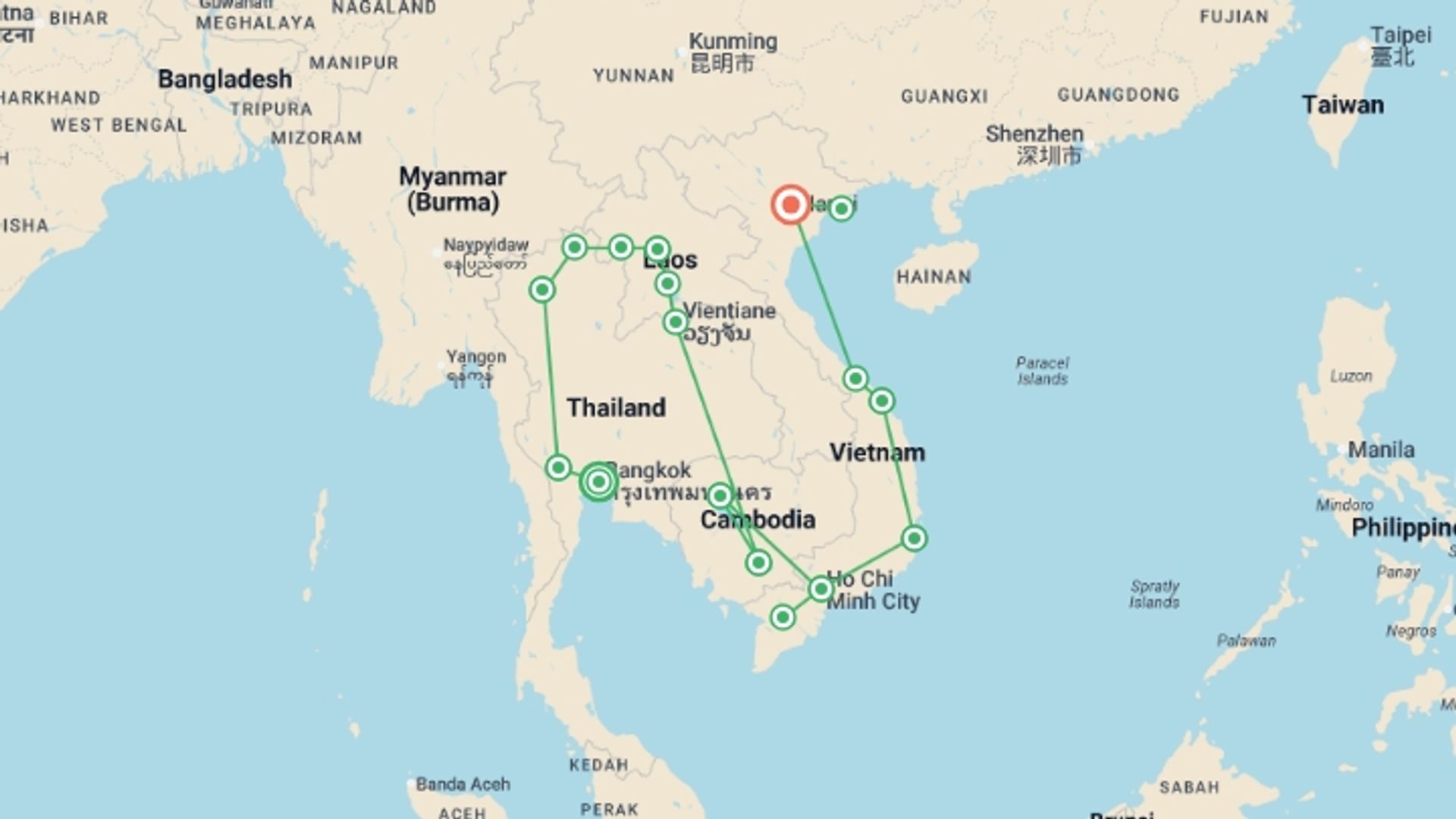 A map showing the tour itinerary for the trip: Ultimate South East Asia, starting in Bangkok, Thailand and ending in Hanoi, Vietnam going through 16 other destinations.