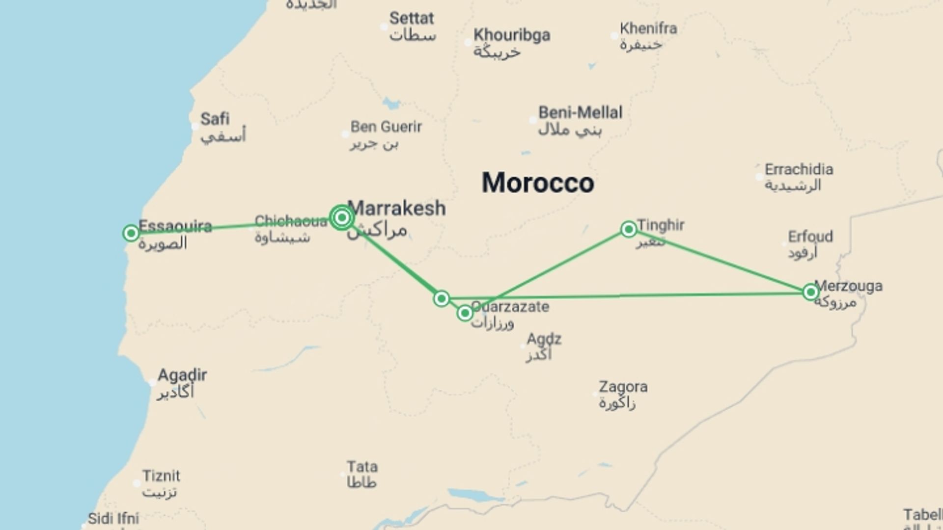 A map showing the tour itinerary for the trip: MARRAKECH to MARRAKECH (12 days) Souks, Sand Dunes, starting in Cape Town, South Africa and ending in Cape Town, South Africa going through 6 other destinations.