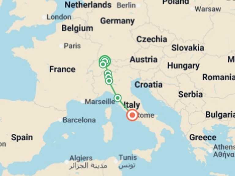 Map of Europe Tour with 3 destination visits for the trip: Swiss and Italian Spotlight