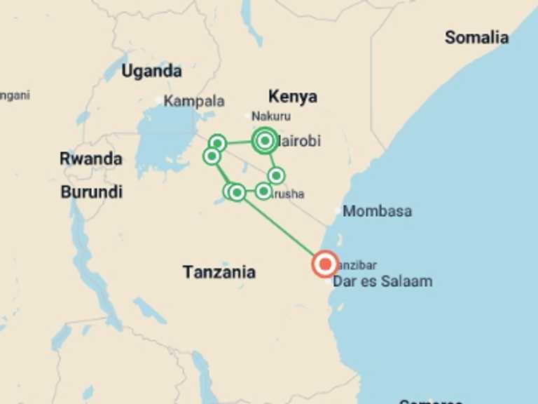 Map itinerary of Africa Tour in December 2026 with 8 destination visits for the trip: Kenya & Tanzania: Maasai Mara, The Serengeti & Zanzibar