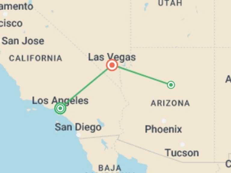 Map itinerary of Los Angeles Tour in December 2025 with 3 destination visits for the trip: Los Angeles, Las Vegas, and the Grand Canyon