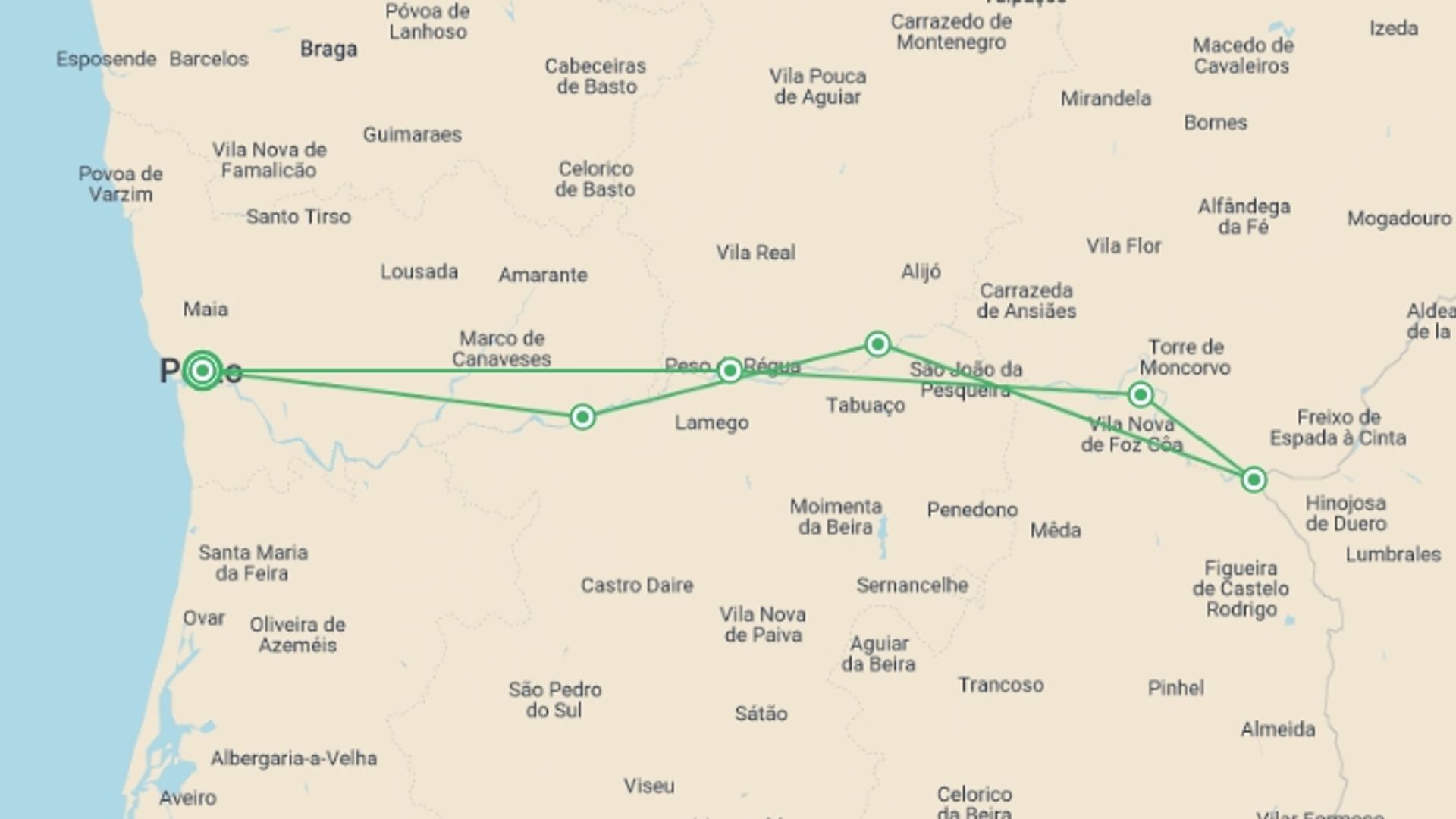 A map showing the tour itinerary for the trip: Picturesque Solo Douro Cruise, starting in Porto, Portugal and ending in Regua, Regua going through 4 other destinations.