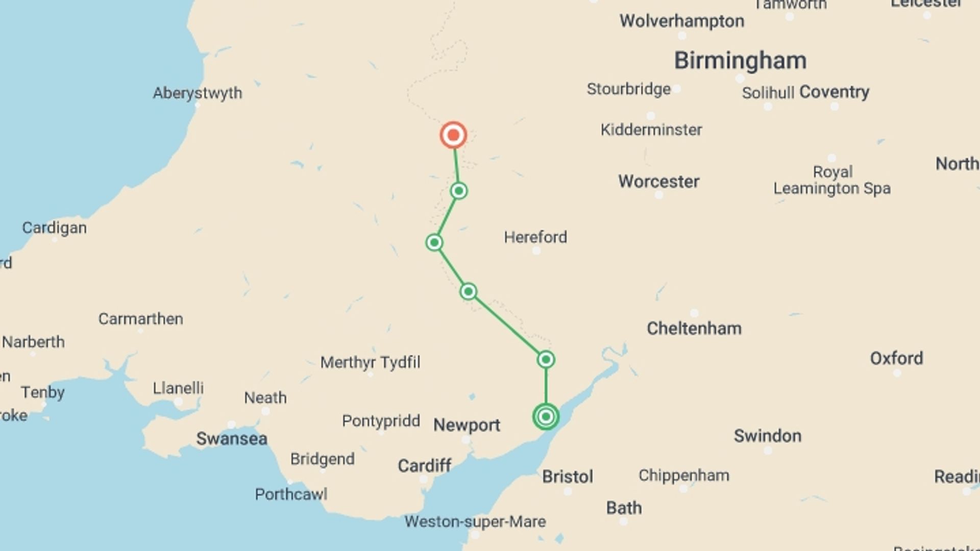 A map showing the tour itinerary for the trip: Offa's Dyke Path, starting in Chepstow, Wales and ending in Knighton, Wales going through 4 other destinations.