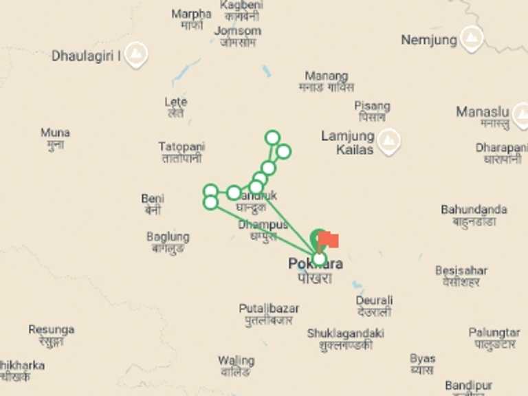 Map itinerary of Pokhara Tour in July 2027 with 11 destination visits for the trip: Annapurna Base Camp Tour