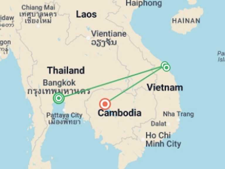 Map of Bangkok Sightseeing Tour with 4 destination visits for the trip: Discover the Best of Southeast Asia: Bangkok to Siem Reap
