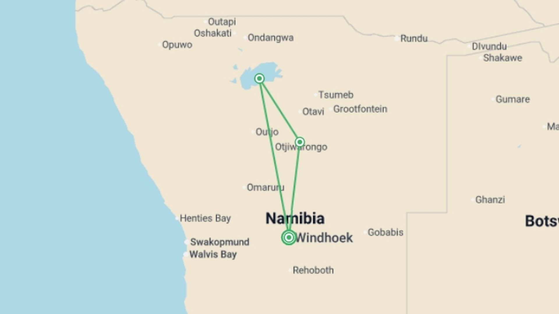 A map showing the tour itinerary for the trip: Etosha Safari Adventure, Self-drive, starting in Windhoek, Namibia and ending in Windhoek, Namibia going through 2 other destinations.
