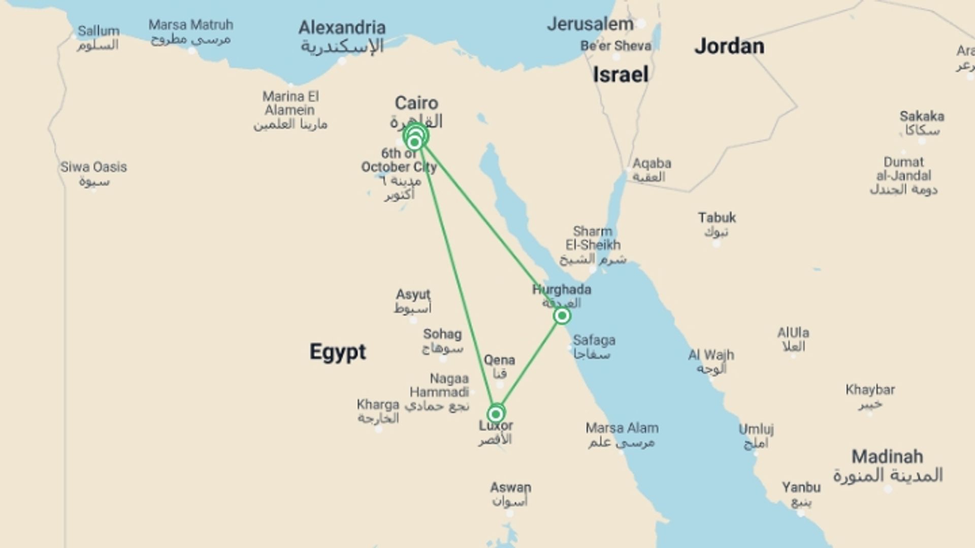 A map showing the tour itinerary for the trip: Sands & Seas, starting in Cairo, Egypt and ending in Cairo, Egypt going through 2 other destinations.