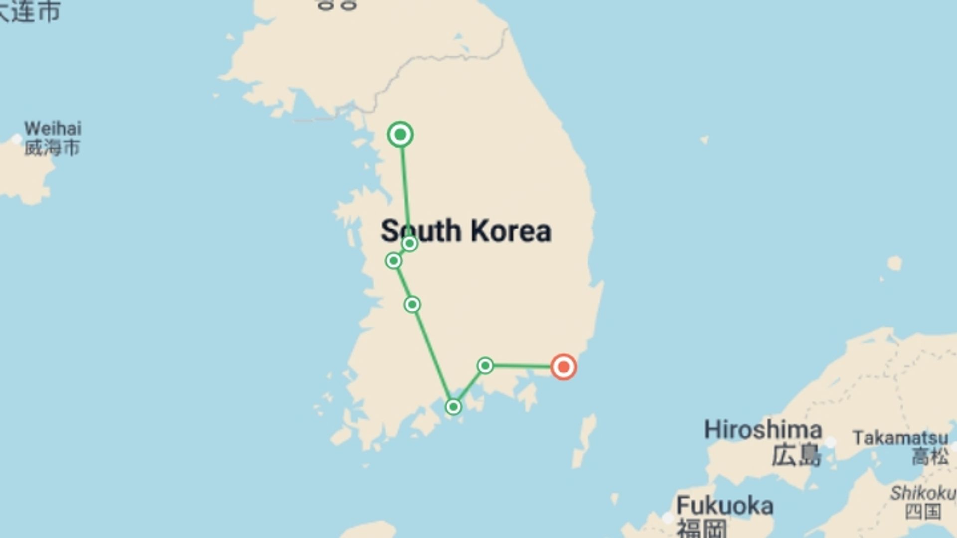 A map showing the tour itinerary for the trip: South Korea Western Adventure 3D/2N, starting in Seoul, South Korea and ending in Busan, South Korea going through 2 other destinations.