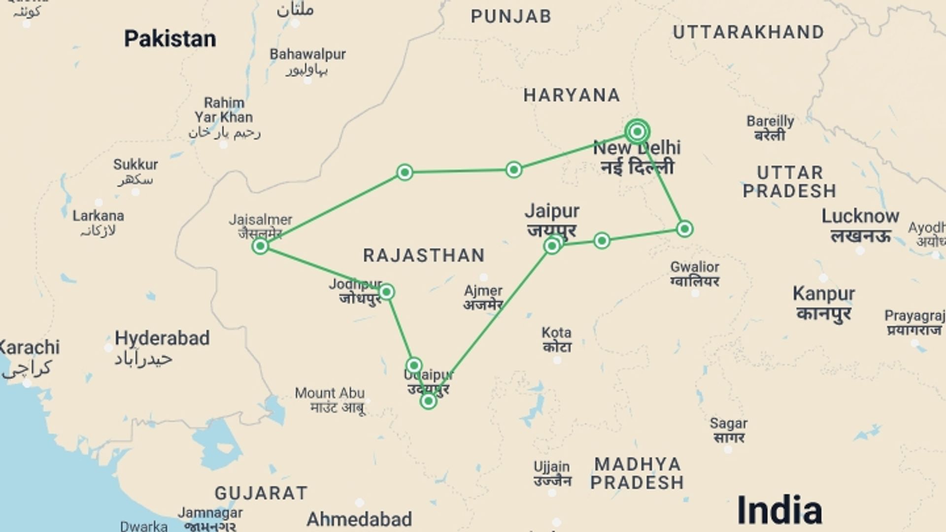 A map showing the tour itinerary for the trip: Complete Rajasthan, 14 Days Tour, starting in New Delhi, India and ending in New Delhi, India going through 7 other destinations.