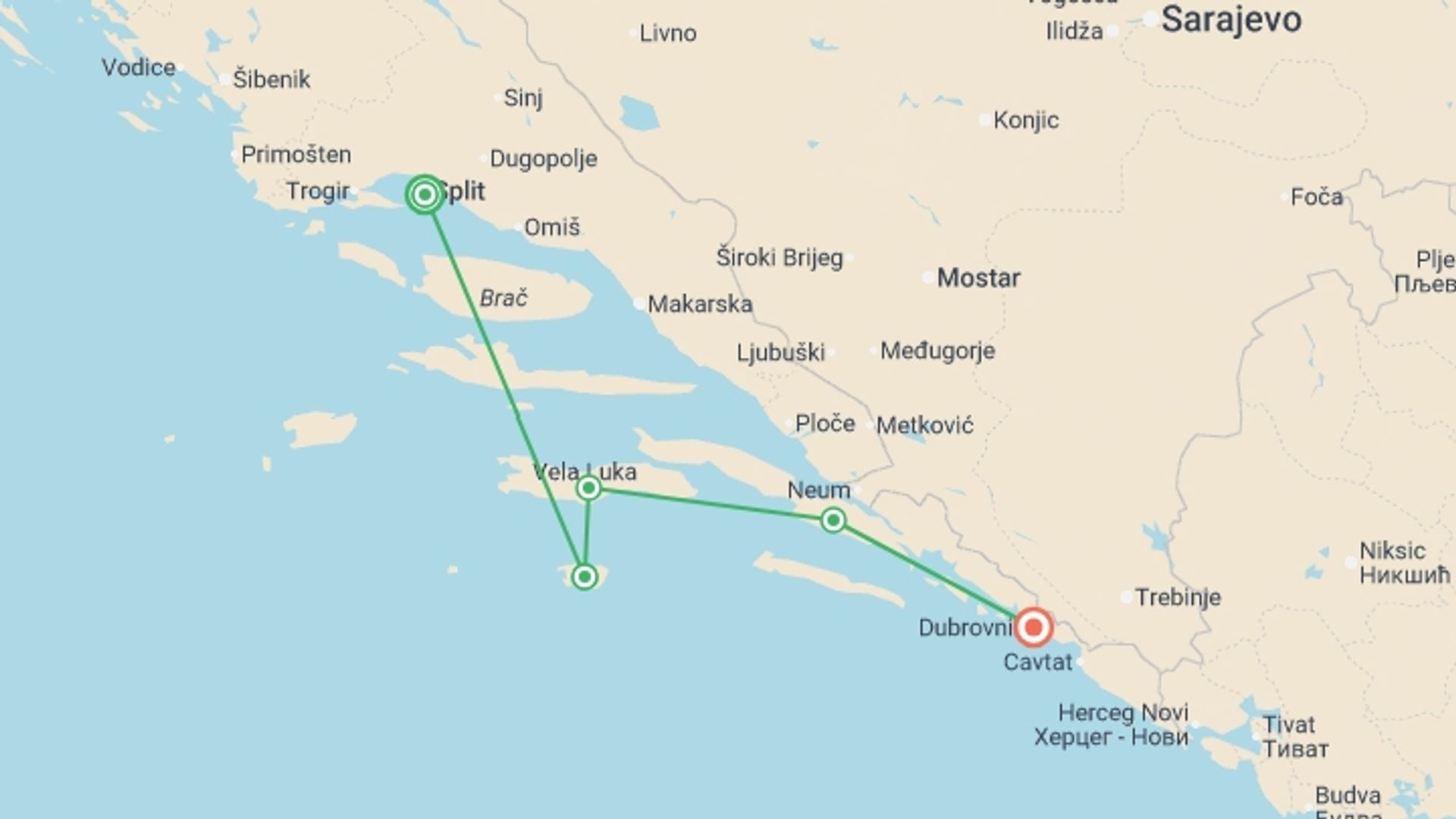 A map showing the tour itinerary for the trip: Premium Split to Dubrovnik, starting in Split, Croatia and ending in Dubrovnik, Croatia going through 2 other destinations.