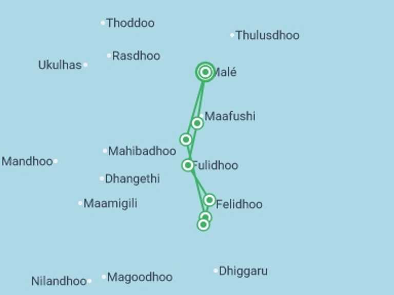Map of 8-Day Maldives Tour with 7 destination visits for the trip: Sail Maldives