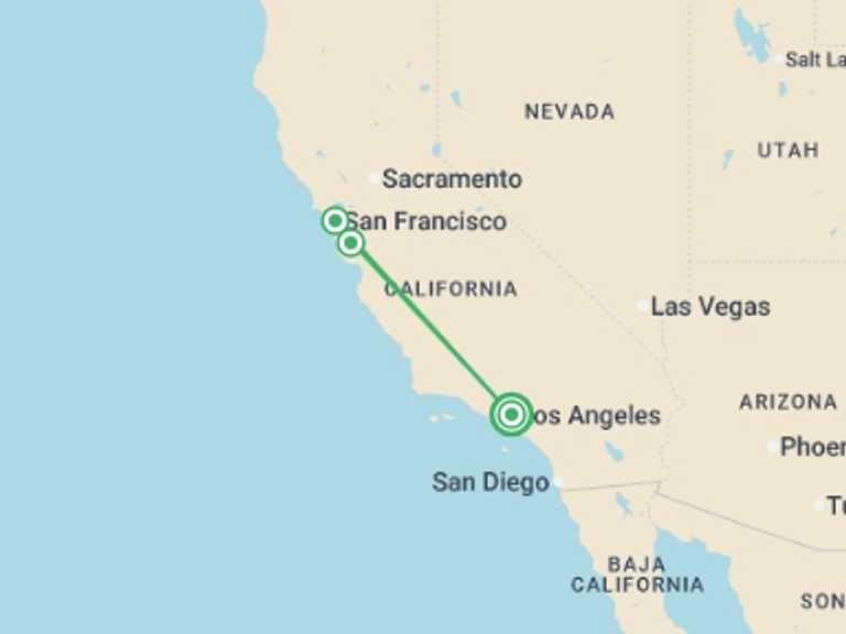 Map of Los Angeles Adventure Tour with 3 destination visits for the trip: San Francisco & Yosemite Express 3D/2N (From Los Angeles)