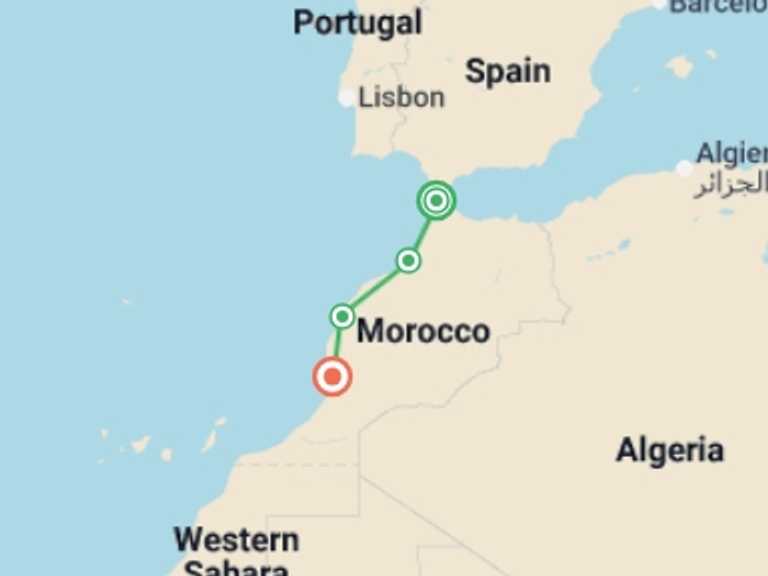 Map itinerary of Mediterranean Tour in March 2027 with 4 destination visits for the trip: Atlantic Morocco