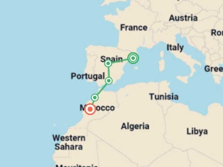 Map itinerary of Africa Tour in January 2027 with 5 destination visits for the trip: Spain and Magical Morocco end Marrakesh