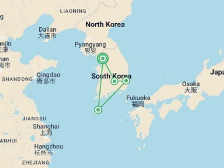 Map itinerary of Seoul Tour in December 2026 with 4 destination visits for the trip: South Korea Tour: Discover the Past and Present