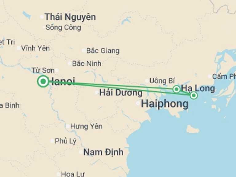 Map itinerary of South East Asia Tour in Summer with 3 destination visits for the trip: 3-star cruise on Bai Tu Long bay 1 night