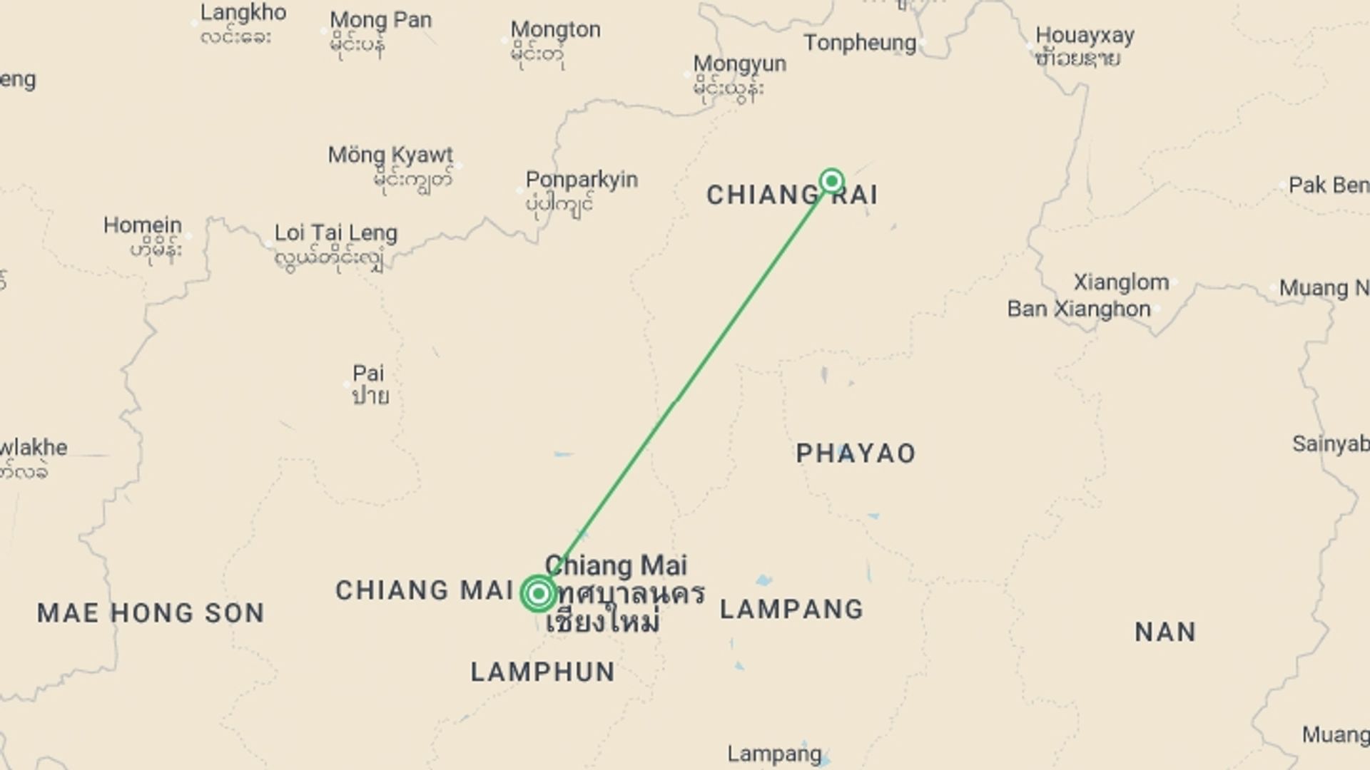 A map showing the tour itinerary for the trip: Chiang Mai To Chiang Rai, Small Group Tour, starting in Chiang Mai, Thailand and ending in Chiang Mai, Thailand going through 1 other destinations.